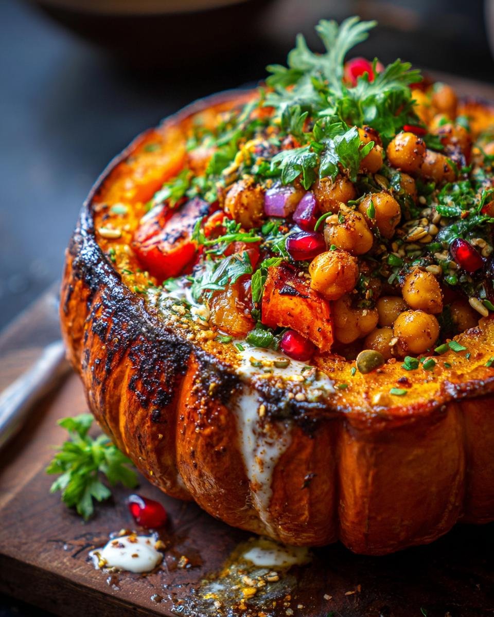Roasted pumpkin filled with chickpeas and creamy Tahini-Dressing, garnished with herbs and pomegranate seeds.