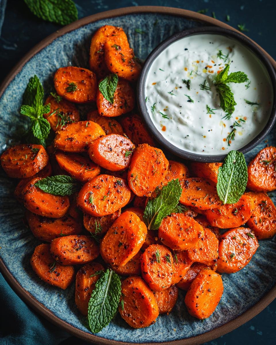 Overhead shot of Orientalische Möhren with cumin and yogurt sauce, garnished with mint.
