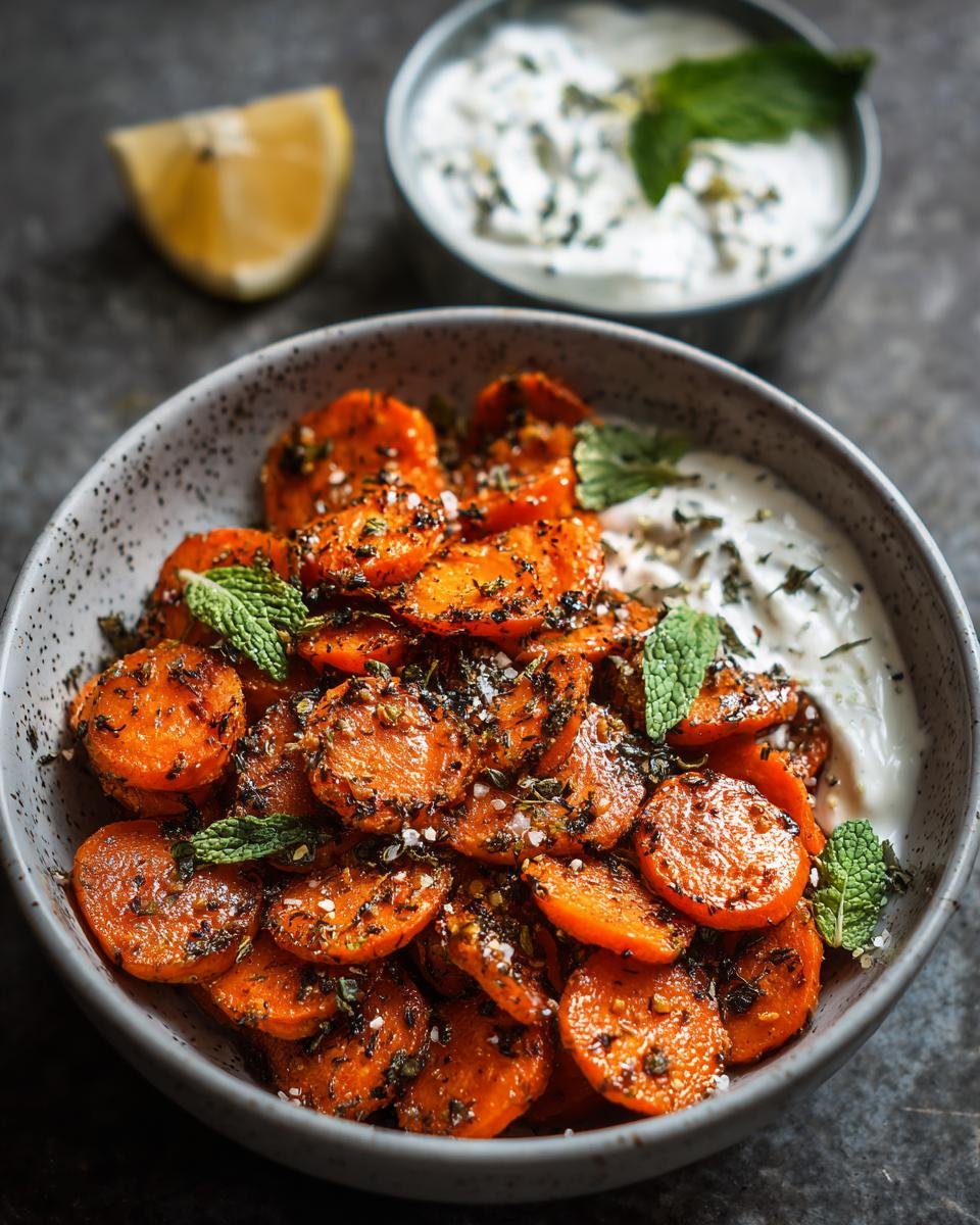 Bowl of Orientalische Möhren with cumin, yogurt dip, and mint garnish. A quick and delicious side dish.