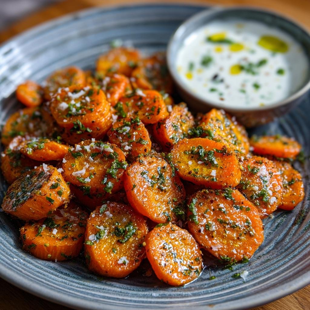 Close-up of Orientalische Möhren: carrots with cumin, yogurt, and herbs on a plate.