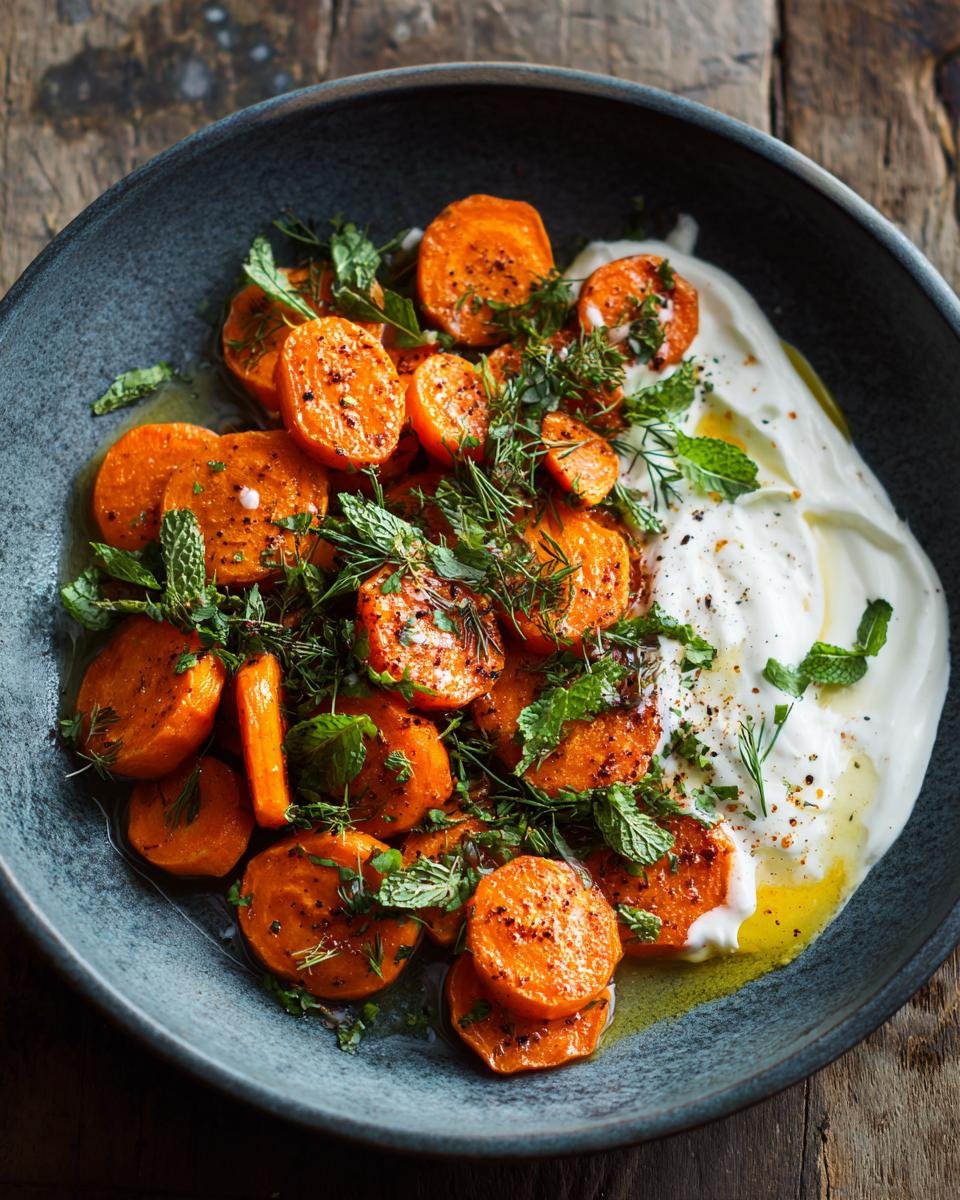 Orientalische Möhren mit Kreuzkümmel und Joghurt, garniert mit frischer Minze und Dill in einer Schüssel.