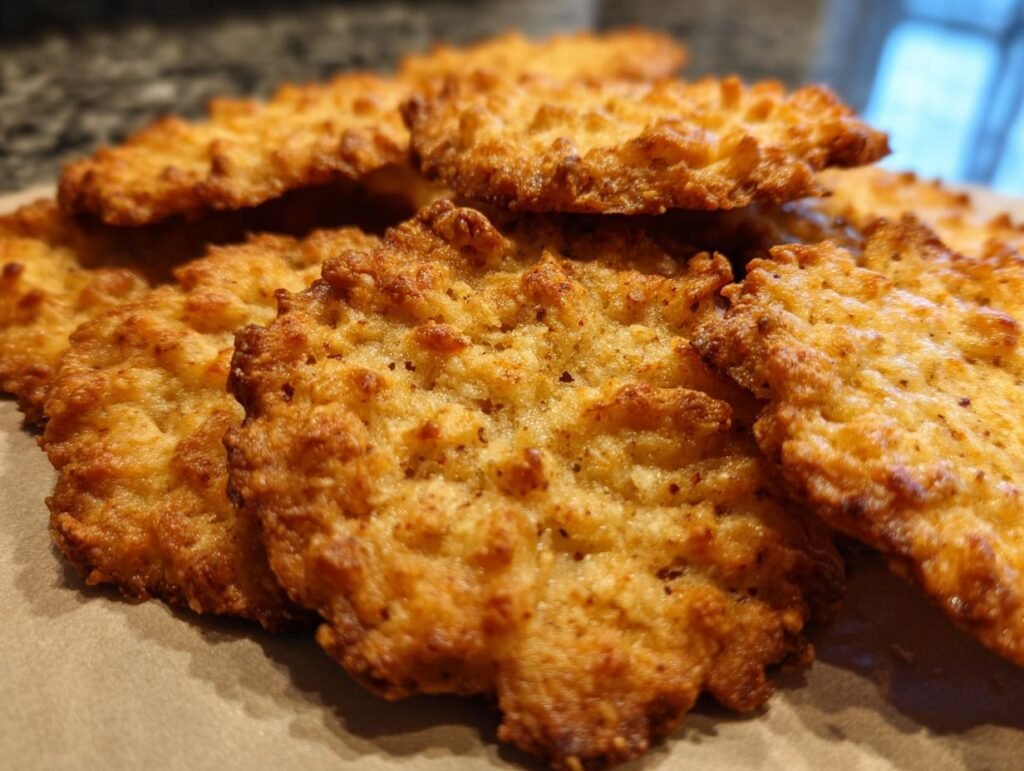 Close-up of several golden brown Paprika-Käse-Cracker Low Carb, showcasing their crispy texture.