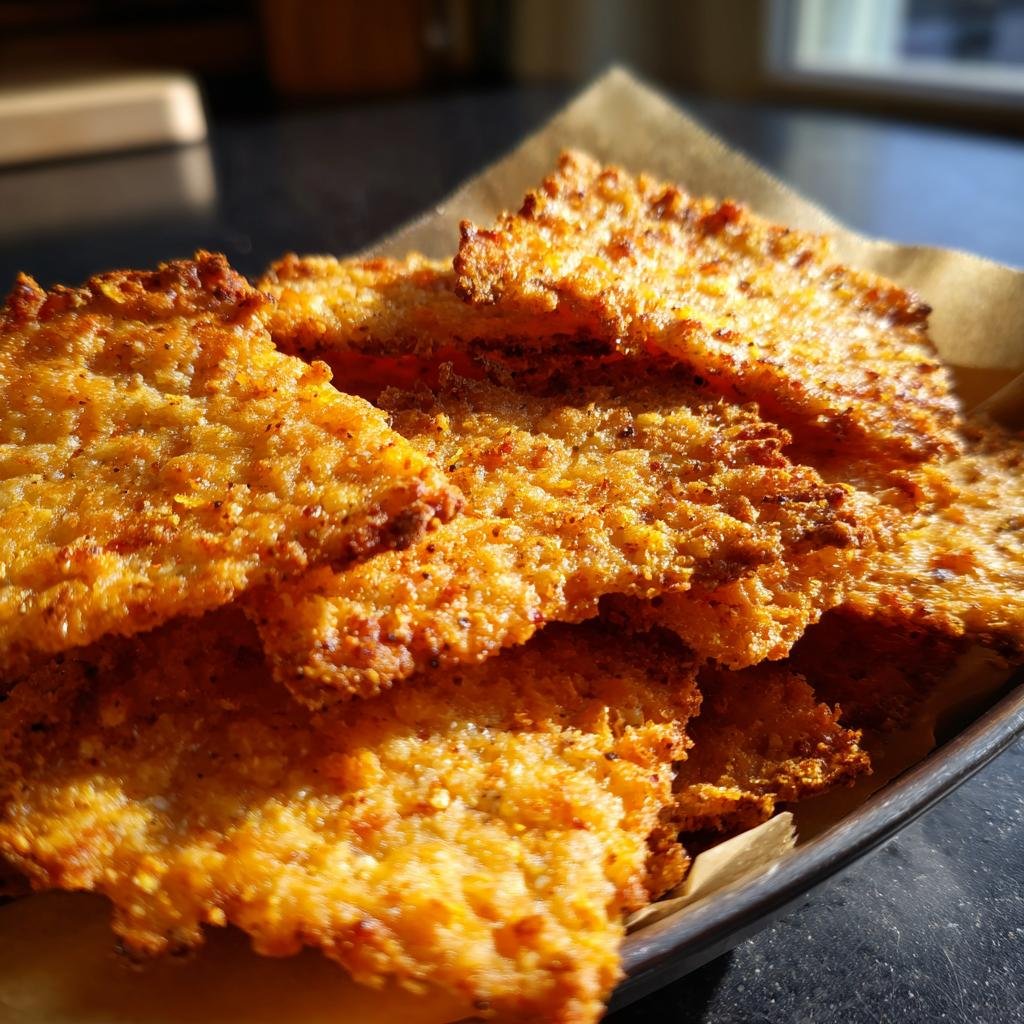 A stack of crispy Paprika-Käse-Cracker Low Carb on parchment paper, showing their texture and golden color.