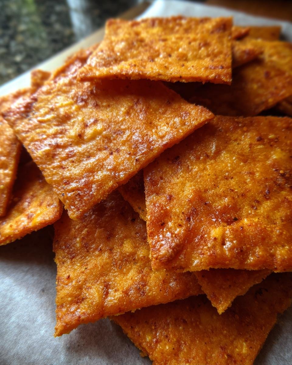 A stack of crispy, low-carb Paprika-Käse-Cracker Low Carb, showing their texture and color.