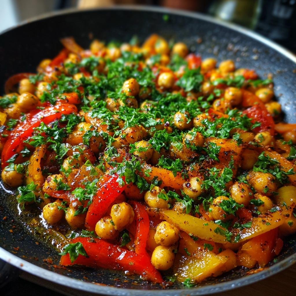 Close-up of freshly cooked Paprika-Kichererbsen-Pfanne with bell peppers and chickpeas, garnished with parsley.