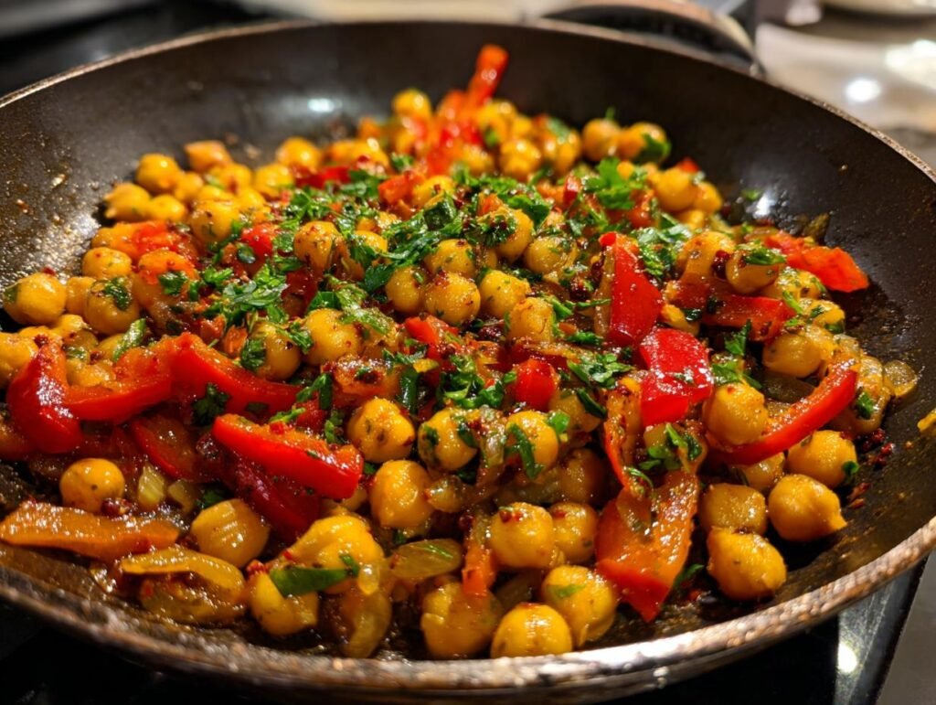 Close-up of Paprika-Kichererbsen-Pfanne in a pan, featuring chickpeas, red peppers, and herbs.