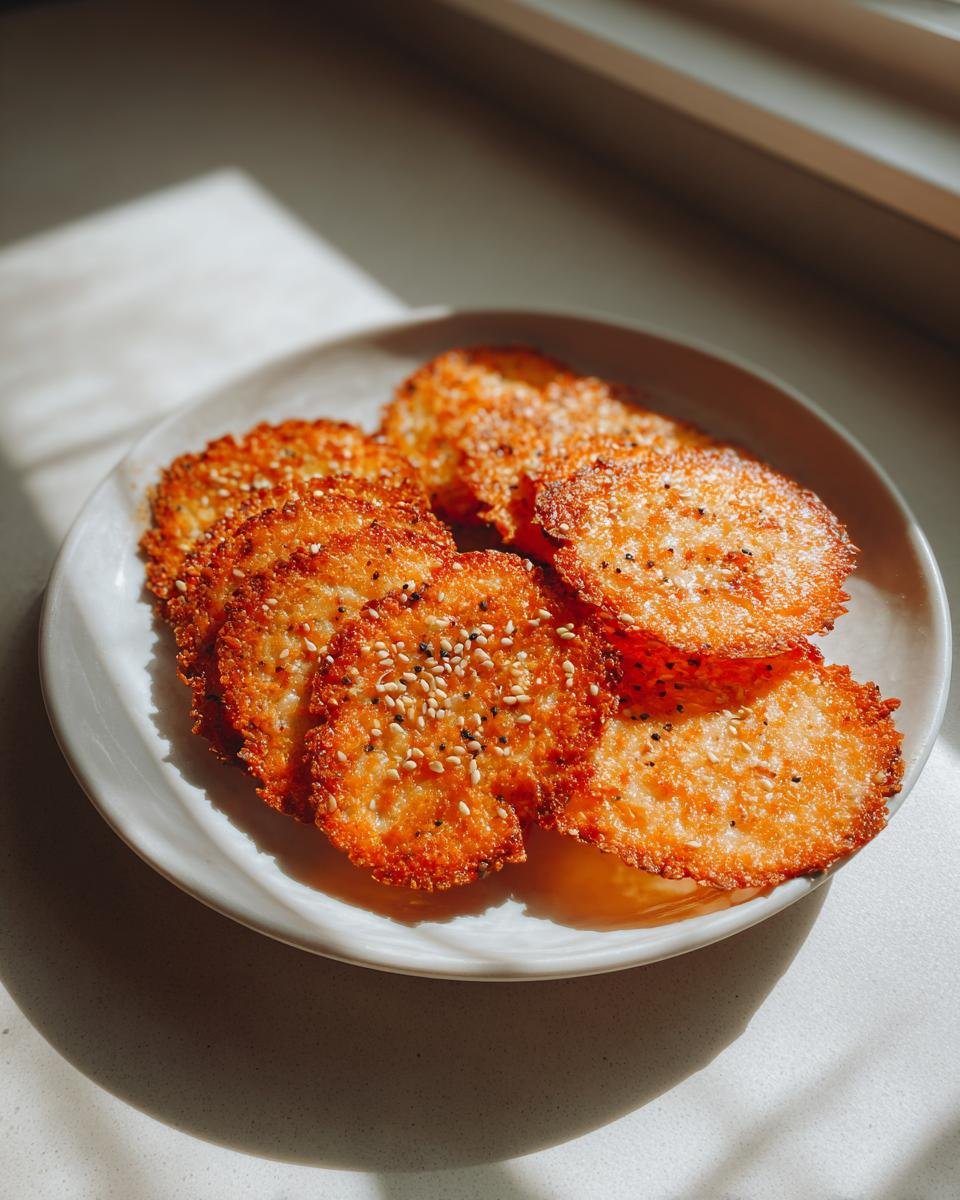 A plate of crispy Parmesan-Chips mit Sesam, a quick 10-minute snack, sitting in bright sunlight.