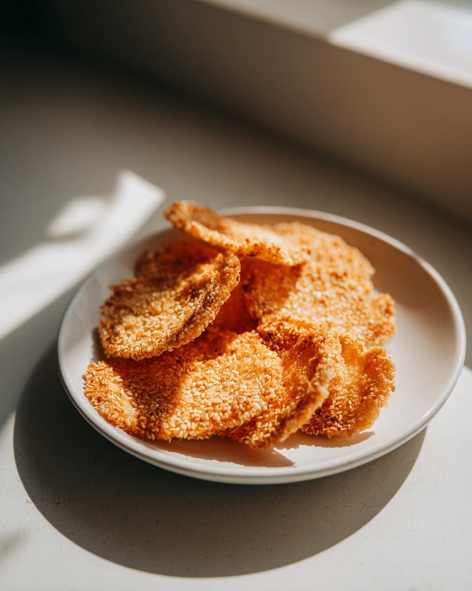 Parmesan-Chips mit Sesam: A plate of golden, crispy Parmesan chips sprinkled with sesame seeds.