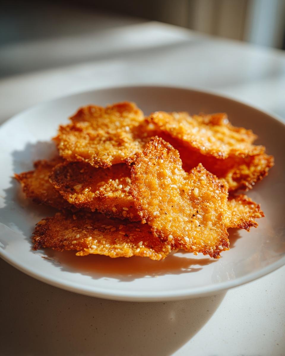 Close-up of Parmesan-Chips mit Sesam, a golden, crispy snack on a white plate.
