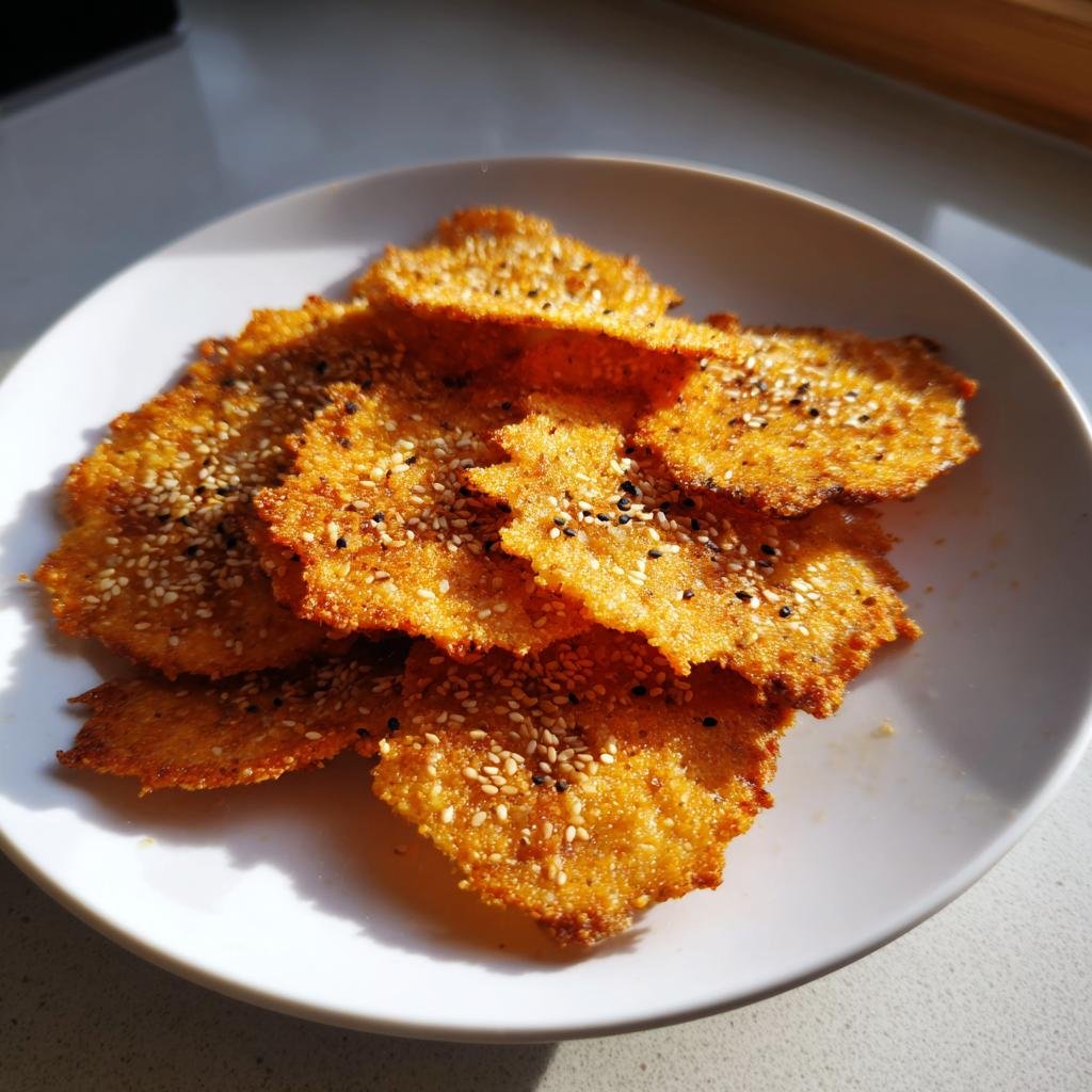 Golden Parmesan-Chips mit Sesam on a white plate, a quick and easy snack.