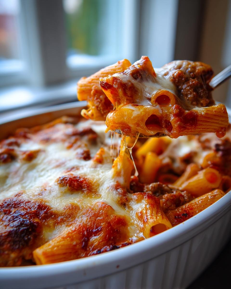 Close-up of Penne al Forno mit Hackfleisch und Käse being lifted from a baking dish, cheese dripping.