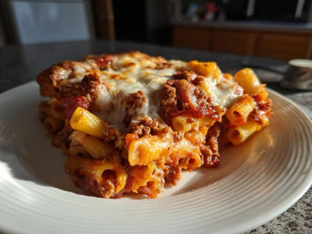 Close-up of Penne al Forno mit Hackfleisch und Käse, a baked pasta dish with meat sauce and cheese.