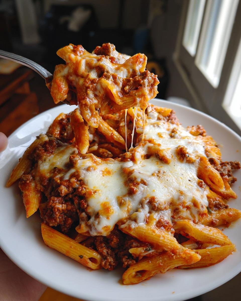 Penne al Forno mit Hackfleisch und Käse auf einem Teller, mit einer Gabel hochgehoben.