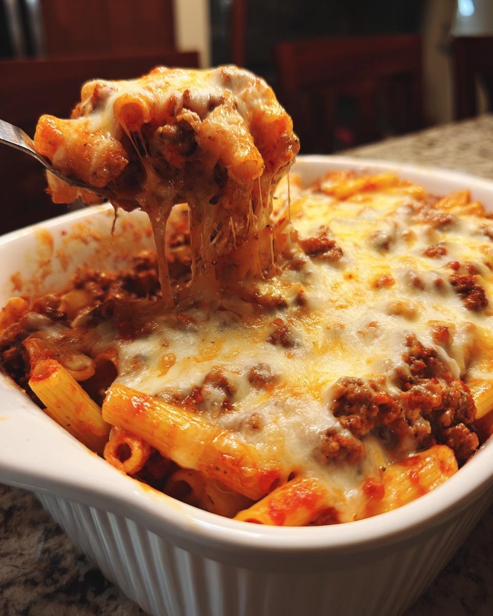 Penne al Forno mit Hackfleisch und Käse being lifted with a fork, showing melted cheese.
