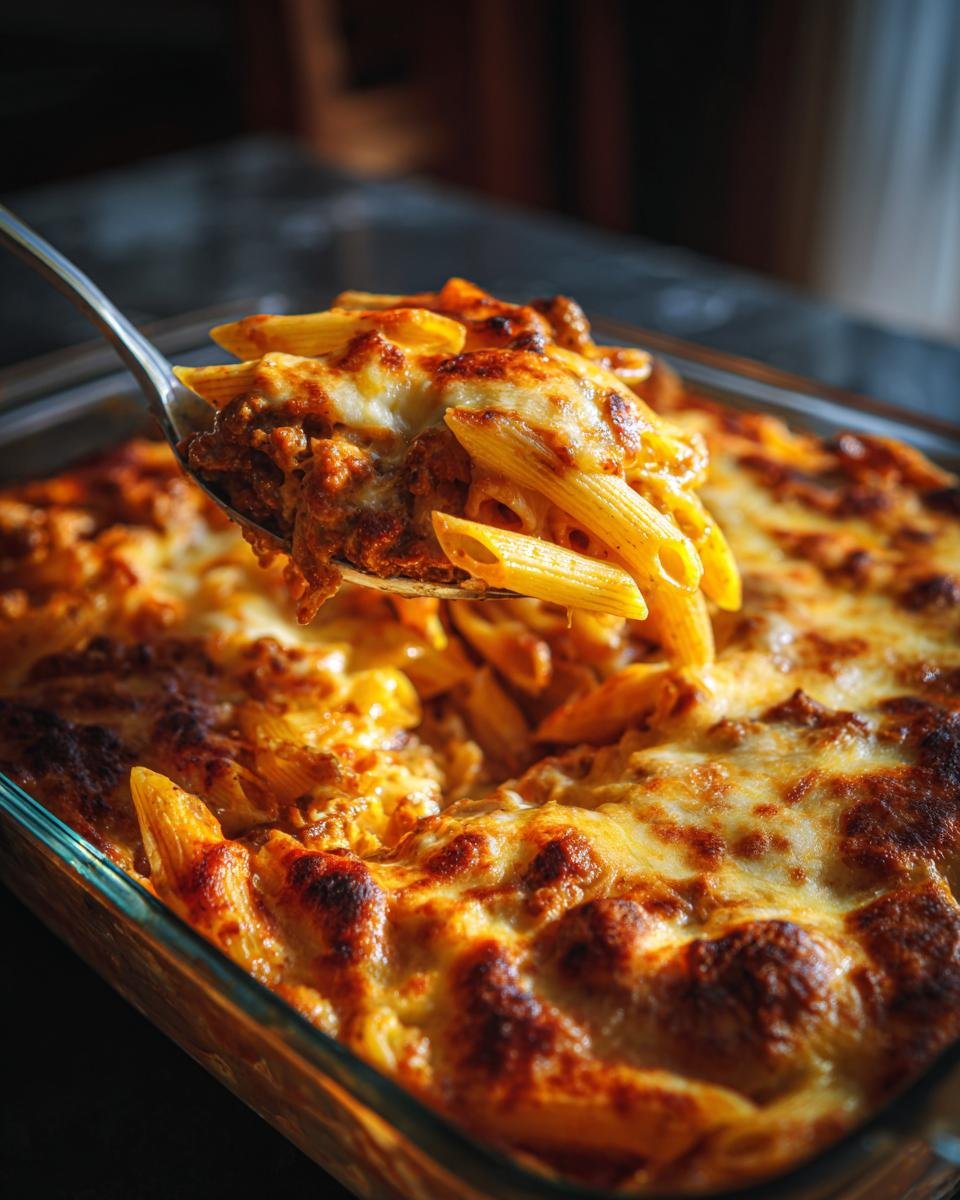 Close-up of Penne al Forno mit Hackfleisch und Käse being served, showing the cheesy topping and pasta.