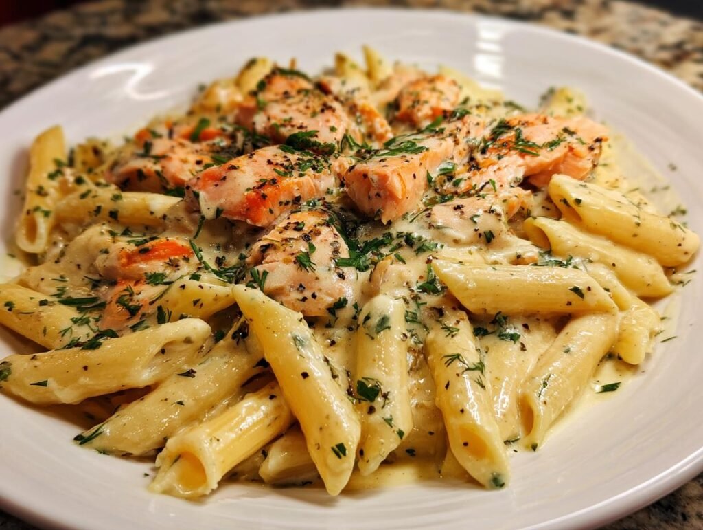 Close-up of Penne mit Räucherlachs & Dill-Rahm, a creamy pasta dish with smoked salmon and dill.