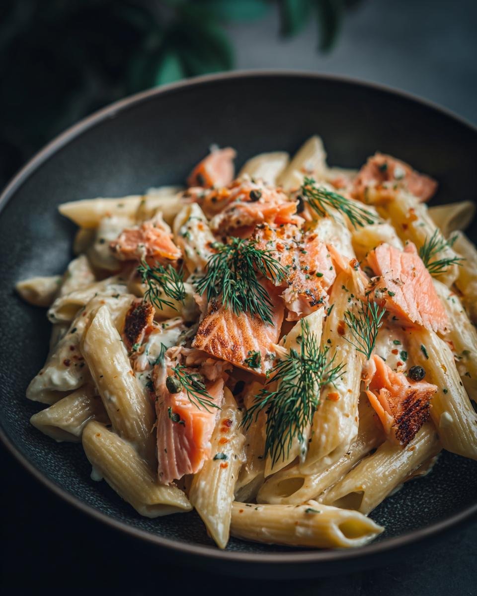 Close-up of Penne mit Räucherlachs & Dill-Rahm, a German pasta dish with smoked salmon and creamy dill sauce.