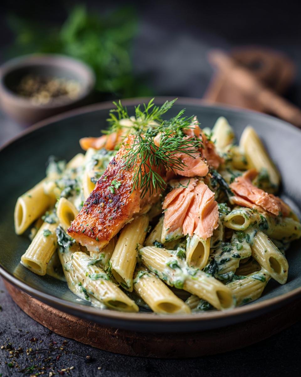 A plate of Penne mit Räucherlachs & Dill-Rahm, featuring pasta, smoked salmon, creamy dill sauce, and fresh dill garnish.