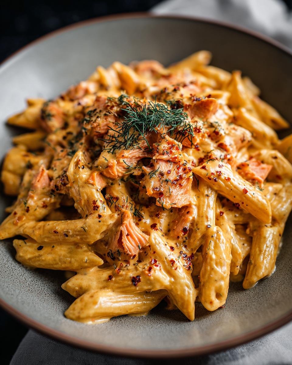 Close-up of Penne mit Räucherlachs & Dill-Rahm, a German pasta dish with smoked salmon and creamy dill sauce.