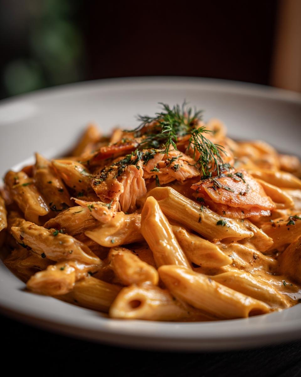Close-up of Penne mit Räucherlachs & Dill-Rahm, showcasing the creamy sauce, smoked salmon, and fresh dill.