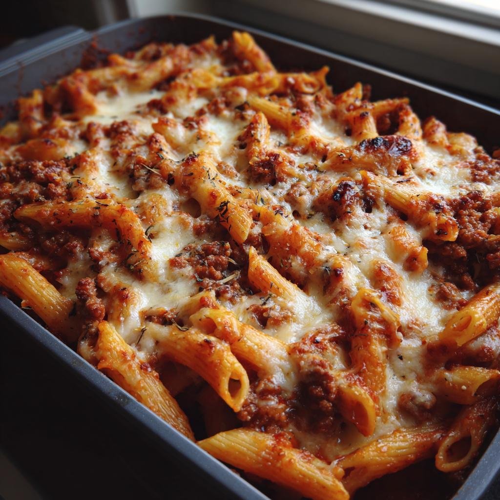 Baked penne pasta in Schinken-Sahne-Sauce, topped with melted cheese and herbs.