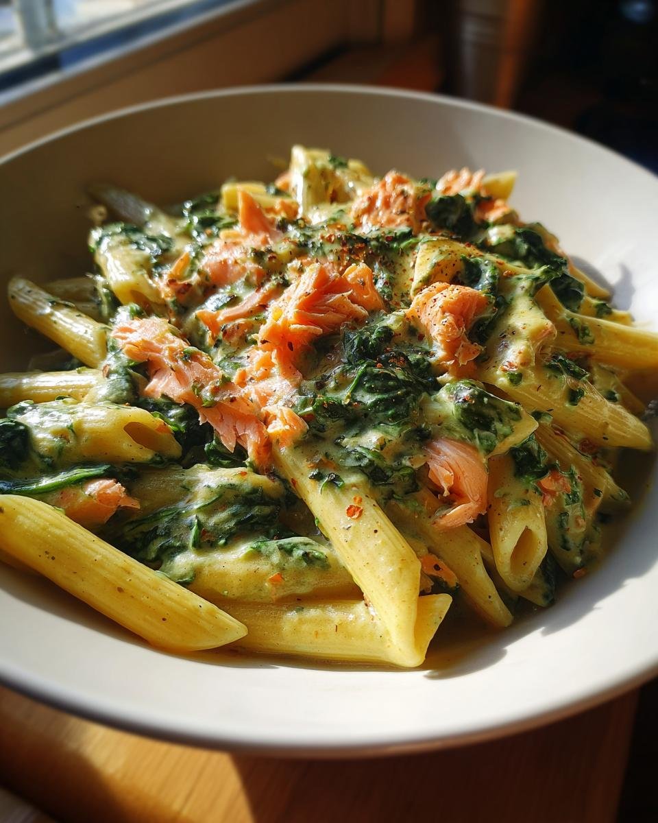 Penne in cremiger Spinat-Lachs-Sauce served in a bowl, showcasing the creamy sauce and salmon pieces.