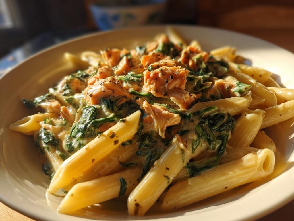 Delicious Penne in cremiger Spinat-Lachs-Sauce served on a plate, ready to eat.