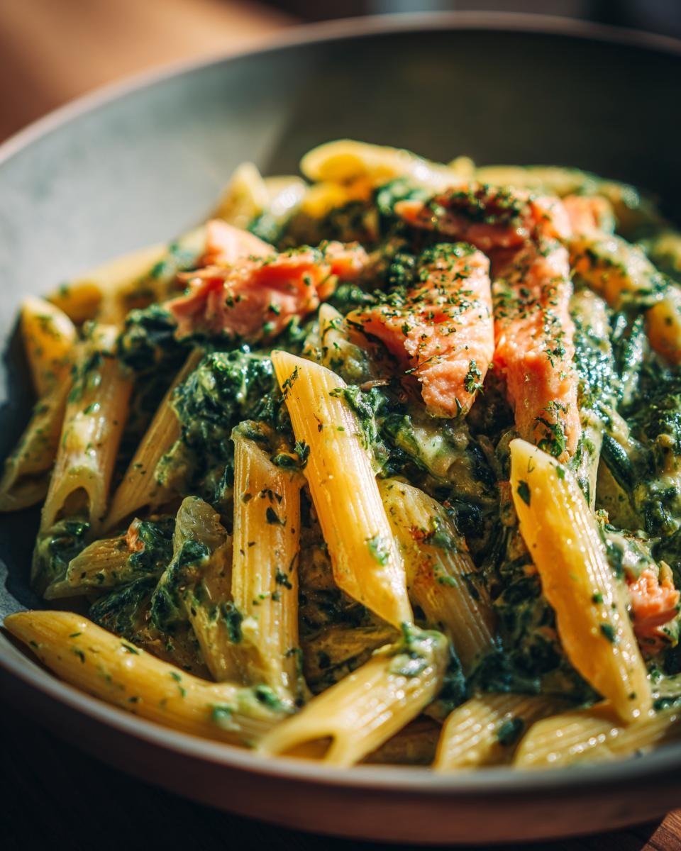 Close-up of Blitzschnelle Penne in cremiger Spinat-Lachs-Sauce, a quick and creamy salmon pasta dish.