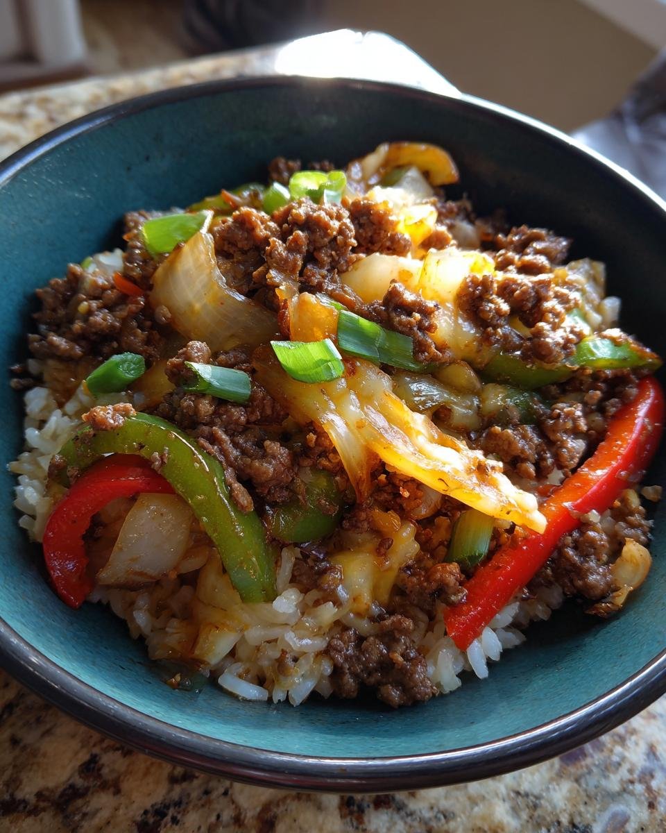 A colorful Philly Cheesesteak Bowls with rice, meat, peppers, and onions.