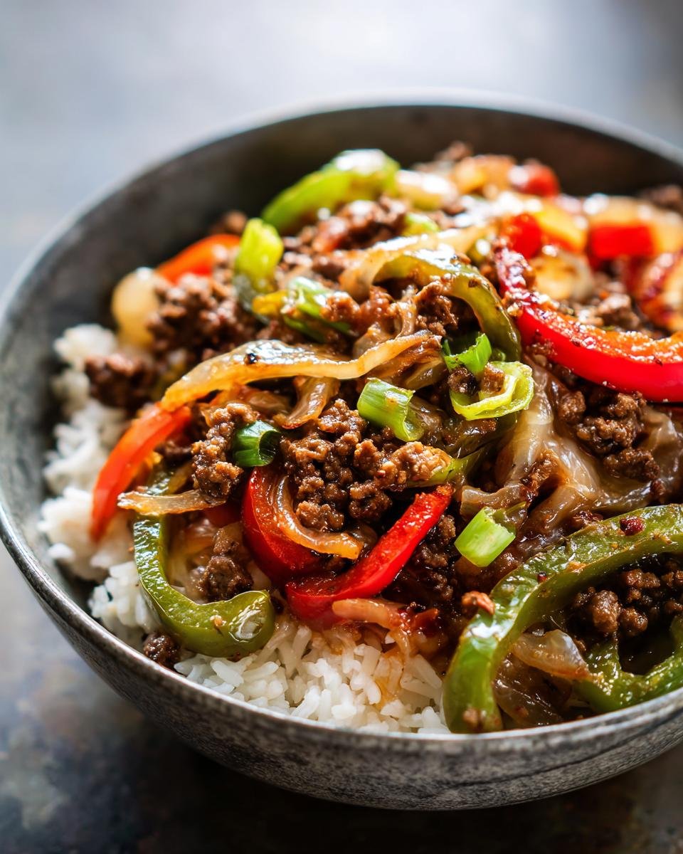Close-up of a Philly Cheesesteak Bowls with rice, ground beef, peppers, and onions.