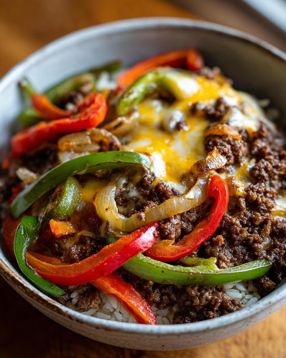 A delicious Philly Cheesesteak Bowls: Einfach & Lecker, featuring rice, ground beef, peppers, onions, and melted cheese.