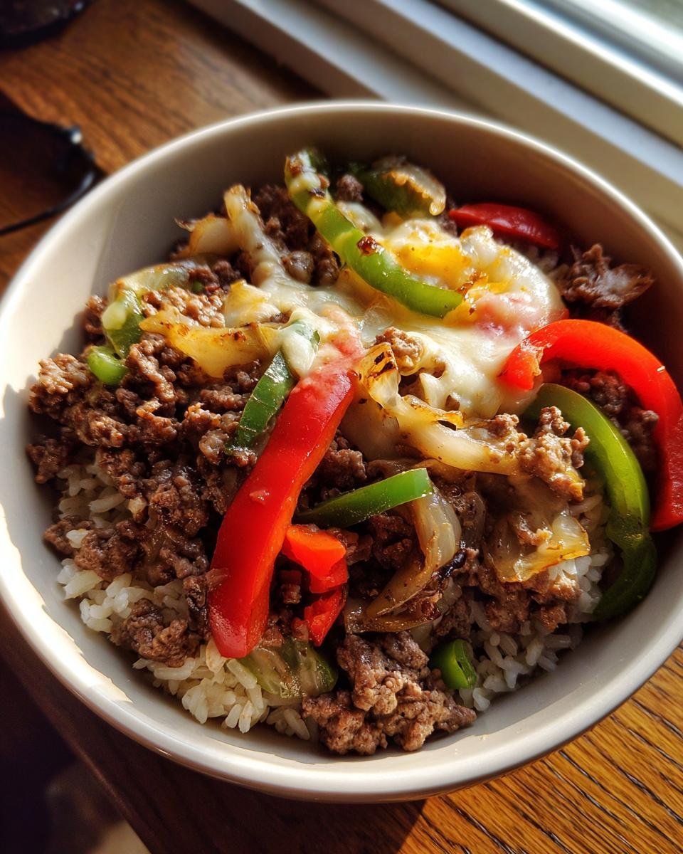 Close-up of Philly Cheesesteak Bowls: Einfach & Lecker, with rice, ground beef, peppers, onions, and melted cheese.