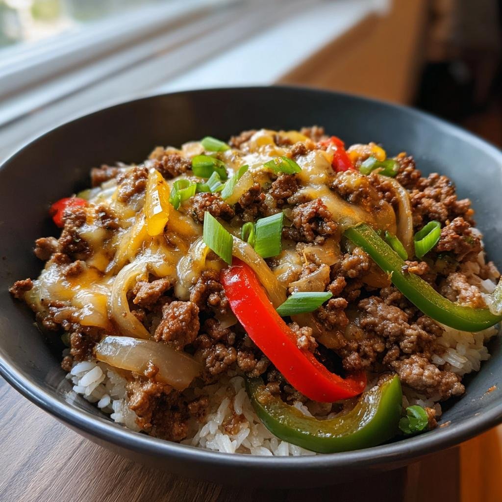 A flavorful Philly Cheesesteak Bowl with ground beef, peppers, onions, cheese, and rice.