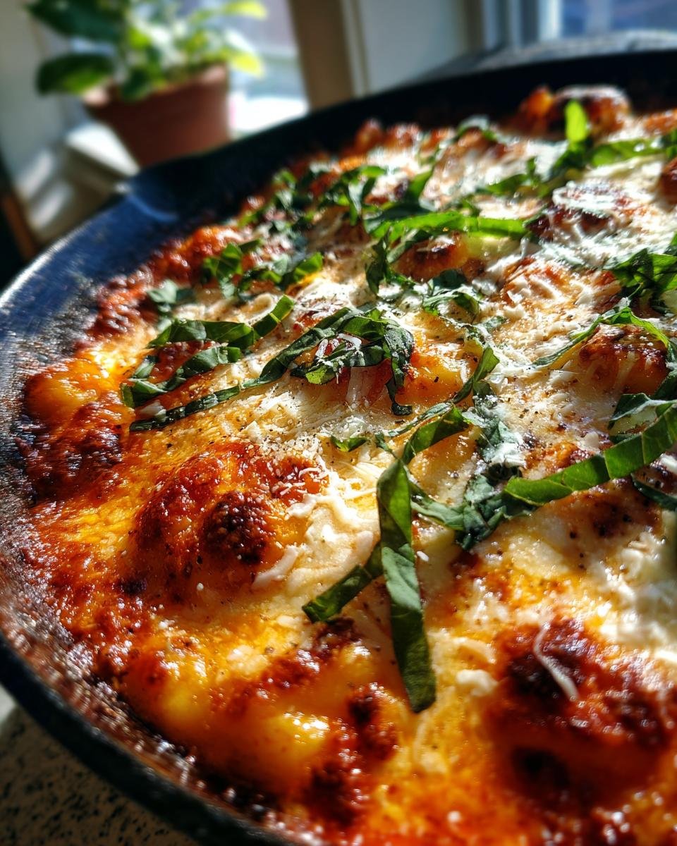 A close-up of Pizzasuppe, a creamy pizza soup, garnished with fresh basil in a cast iron pan.