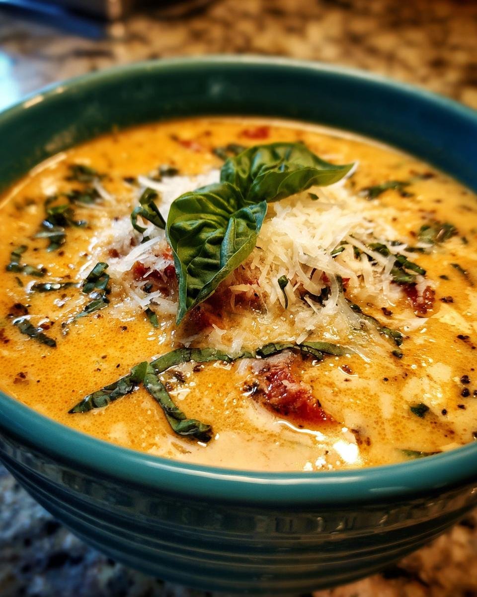 Close-up of a bowl of Pizzasuppe, garnished with fresh basil and shredded cheese.