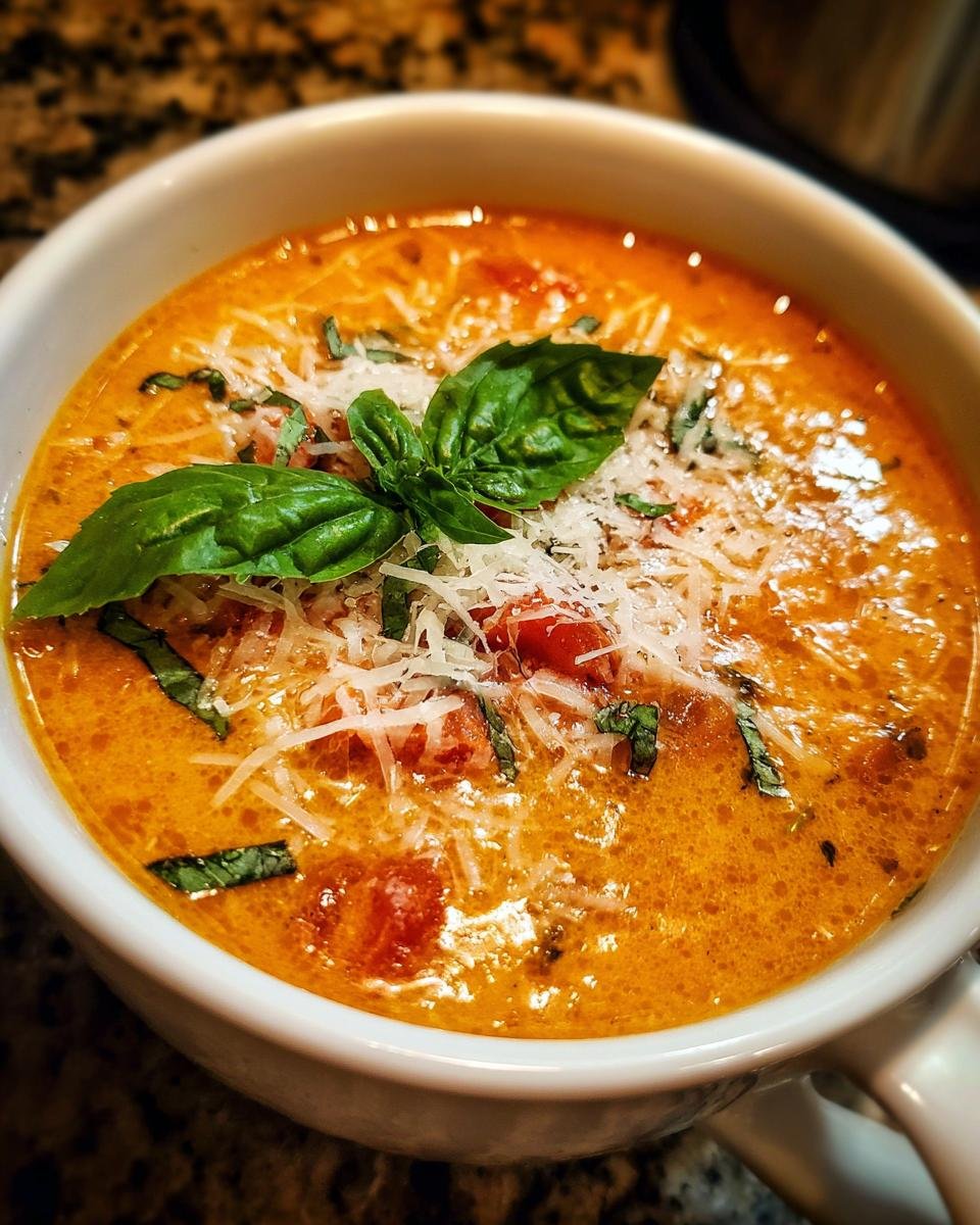 Close-up of a bowl of Pizzasuppe, garnished with fresh basil leaves and grated cheese.