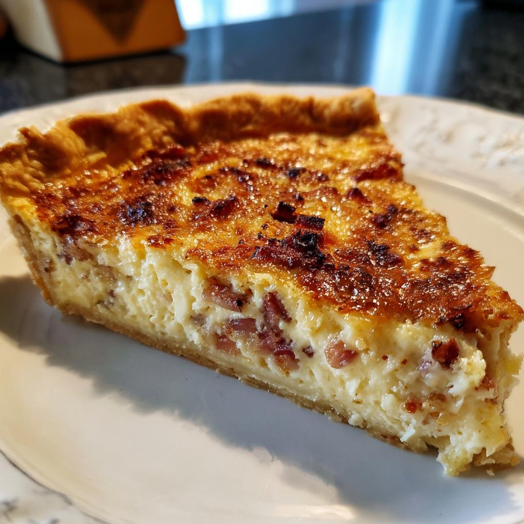 A slice of Quiche Lorraine mit Speck und Zwiebeln on a white plate, showing the creamy filling and crispy crust.