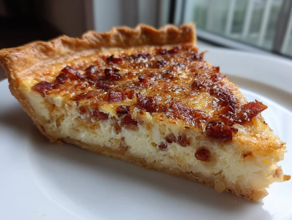 A slice of Quiche Lorraine mit Speck und Zwiebeln, showcasing the creamy filling and crispy bacon.