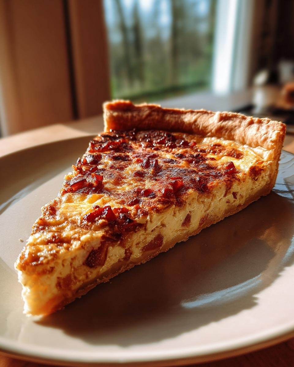 A slice of Quiche Lorraine mit Speck und Zwiebeln on a plate, showcasing its crispy crust and savory filling.