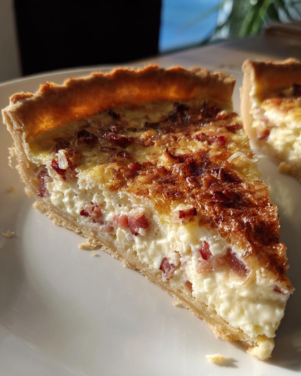A slice of Quiche Lorraine mit Speck und Zwiebeln, showcasing the creamy filling and crispy crust.