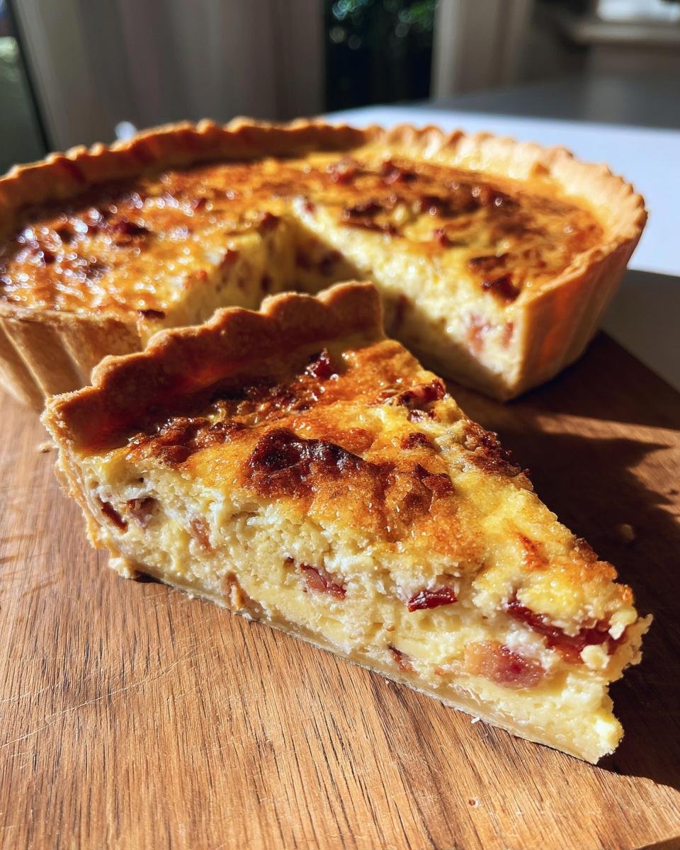 A slice of Quiche Lorraine mit Speck und Zwiebeln on a wooden board, with the rest of the quiche in the background.