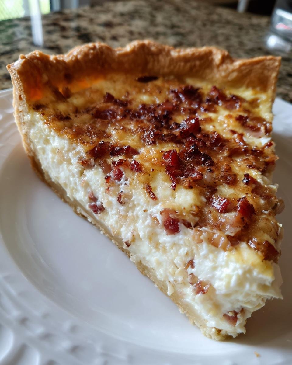 A slice of Quiche Lorraine mit Speck und Zwiebeln on a white plate, showcasing the creamy filling and crispy bacon.