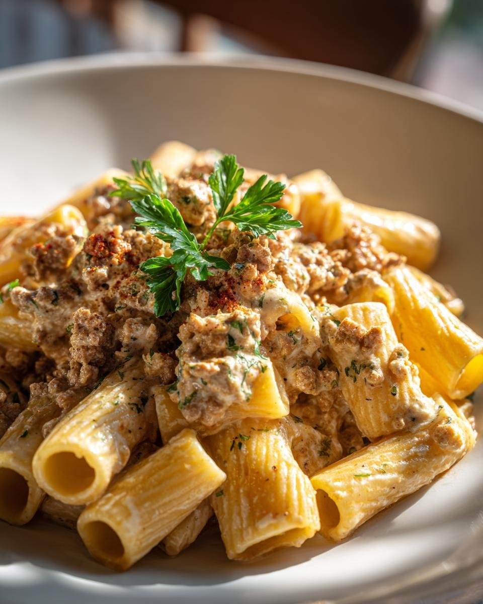 Close-up of Rigatoni in Hack-Feta-Creme, creamy pasta dish with ground meat and feta, garnished with parsley.