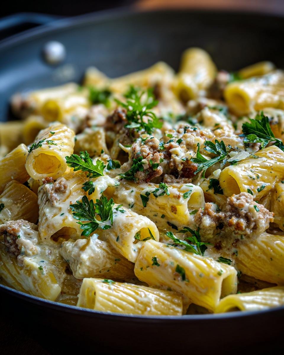 Close-up of Rigatoni in Hack-Feta-Creme, a creamy pasta dish with ground meat and feta, garnished with parsley.