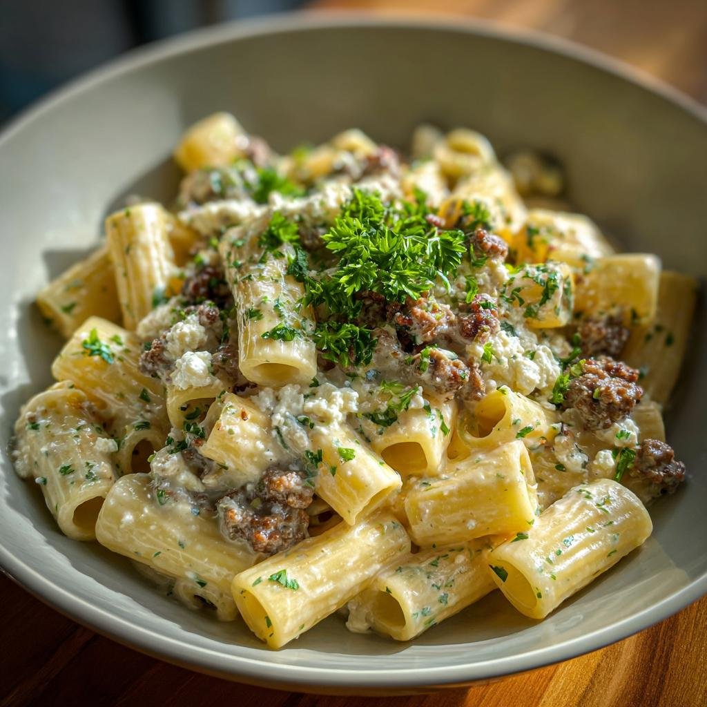 Close-up of Rigatoni in Hack-Feta-Creme, a creamy pasta dish with ground meat and feta.