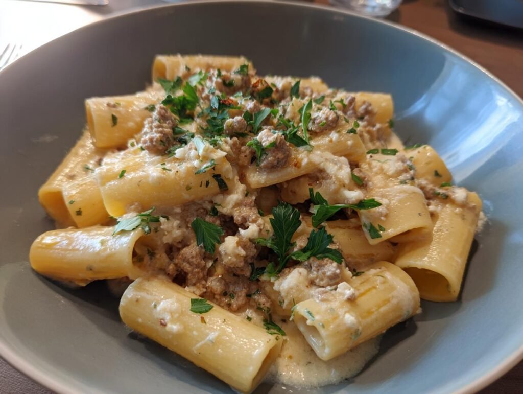 A bowl of Rigatoni in Hack-Feta-Creme, a creamy pasta dish with ground meat and feta cheese, garnished with parsley.