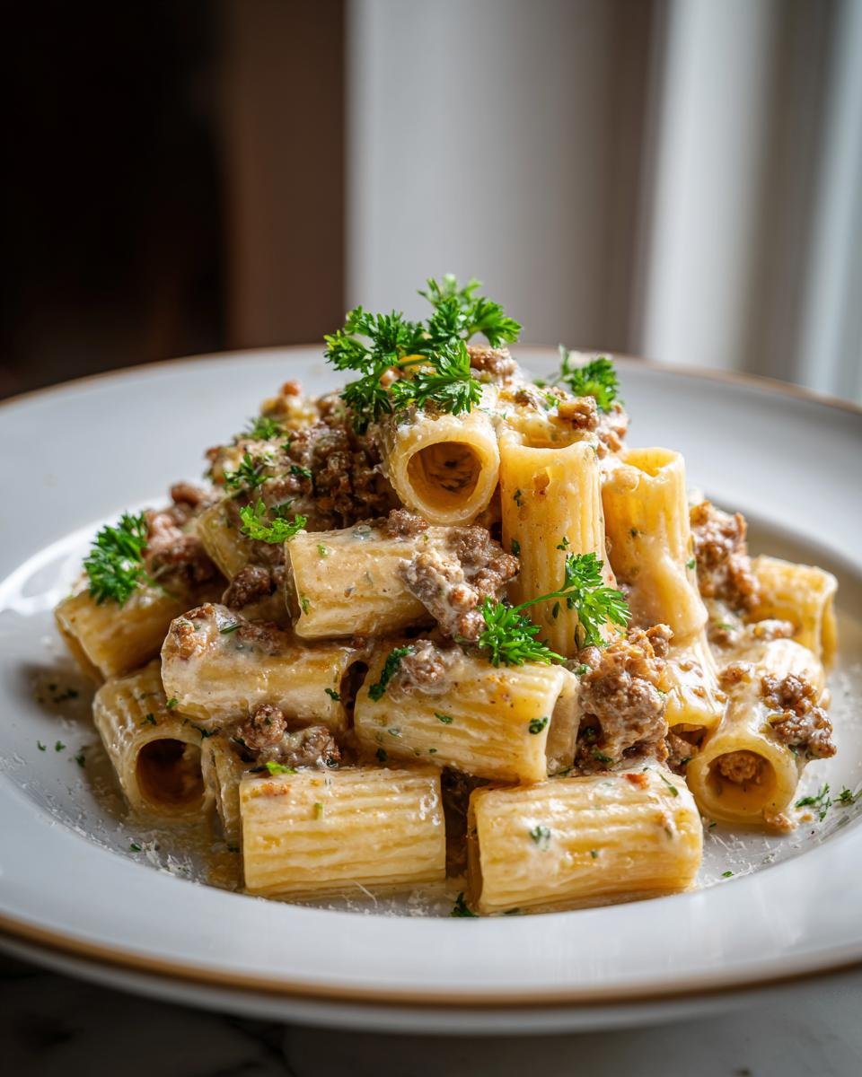 Close-up of Rigatoni in Hack-Feta-Creme, a creamy pasta dish with ground meat and feta, garnished with parsley.