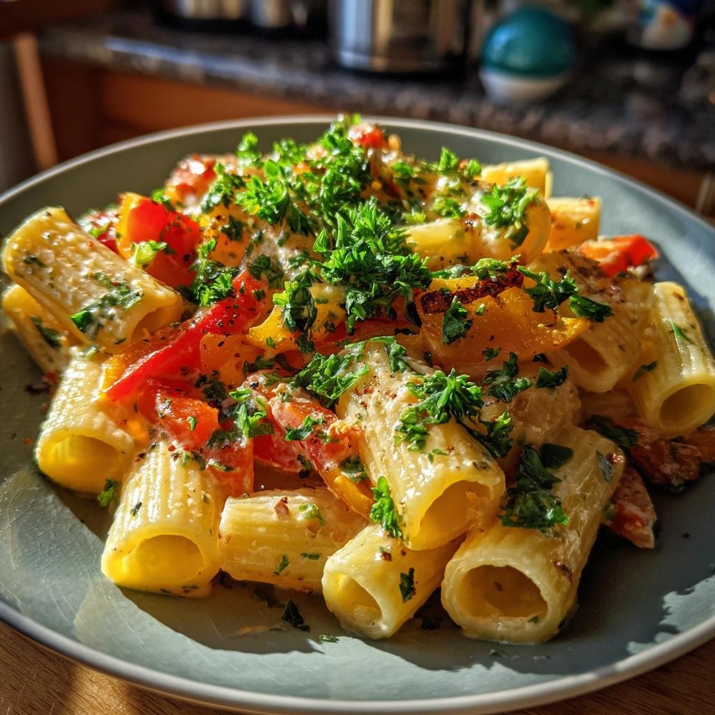 Close-up of Rigatoni mit Paprika-Sahne-Soße, a creamy pasta dish with bell peppers and parsley.