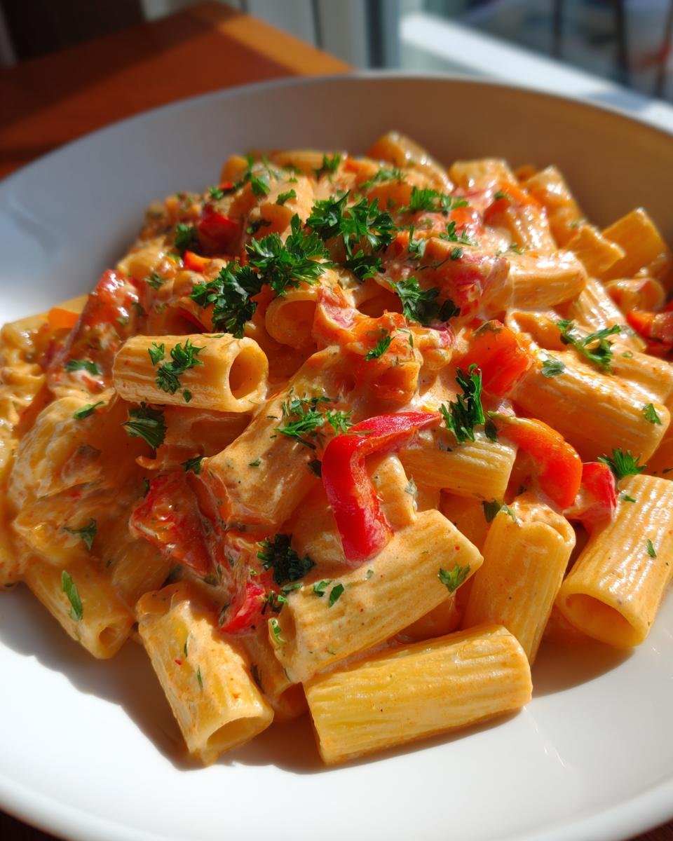 Close-up of Rigatoni mit Paprika-Sahne-Soße, a creamy pasta dish with bell peppers and parsley.