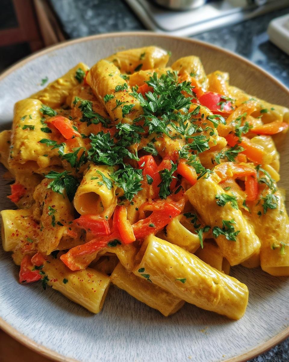 Close-up of Rigatoni mit Paprika-Sahne-Soße, showing creamy sauce, red peppers, and parsley garnish.